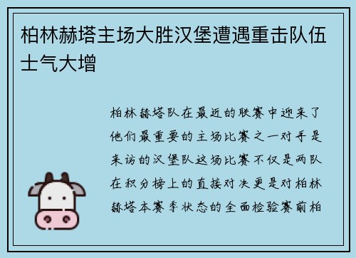 柏林赫塔主场大胜汉堡遭遇重击队伍士气大增