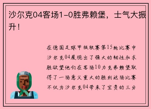 沙尔克04客场1-0胜弗赖堡，士气大振升！