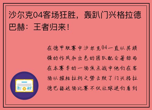 沙尔克04客场狂胜，轰趴门兴格拉德巴赫：王者归来！