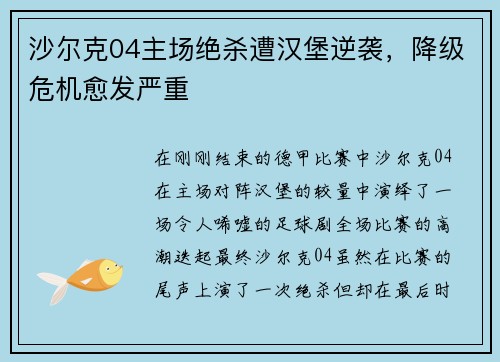 沙尔克04主场绝杀遭汉堡逆袭，降级危机愈发严重