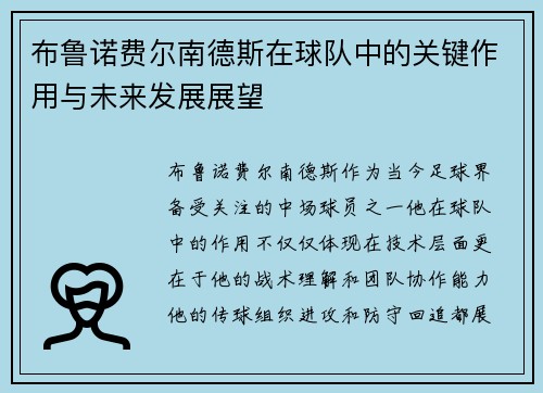 布鲁诺费尔南德斯在球队中的关键作用与未来发展展望