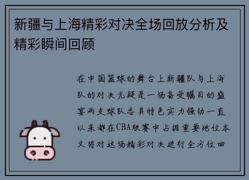 新疆与上海精彩对决全场回放分析及精彩瞬间回顾