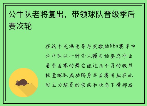 公牛队老将复出，带领球队晋级季后赛次轮