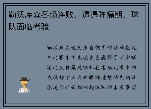 勒沃库森客场连败，遭遇阵痛期，球队面临考验