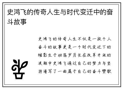 史鸿飞的传奇人生与时代变迁中的奋斗故事