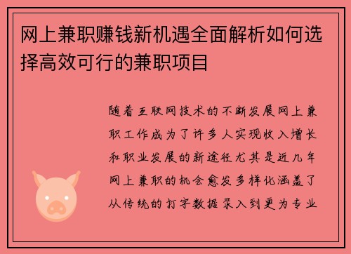 网上兼职赚钱新机遇全面解析如何选择高效可行的兼职项目