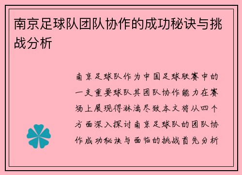 南京足球队团队协作的成功秘诀与挑战分析