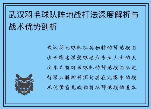 武汉羽毛球队阵地战打法深度解析与战术优势剖析
