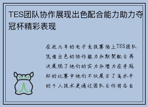 TES团队协作展现出色配合能力助力夺冠杯精彩表现