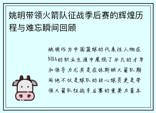 姚明带领火箭队征战季后赛的辉煌历程与难忘瞬间回顾
