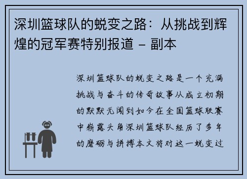 深圳篮球队的蜕变之路：从挑战到辉煌的冠军赛特别报道 - 副本