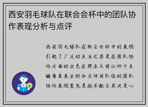 西安羽毛球队在联合会杯中的团队协作表现分析与点评