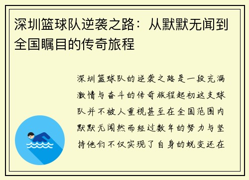 深圳篮球队逆袭之路：从默默无闻到全国瞩目的传奇旅程