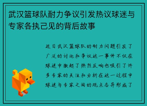 武汉篮球队耐力争议引发热议球迷与专家各执己见的背后故事